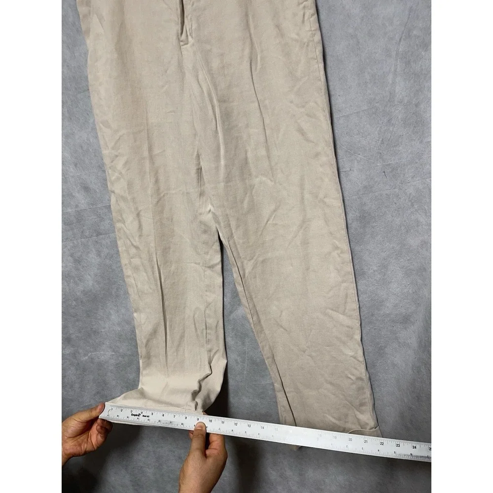 LL Bean Pants Men 34X32 Beige Cuff Straight Linen Baggy Coastal Academia Resort